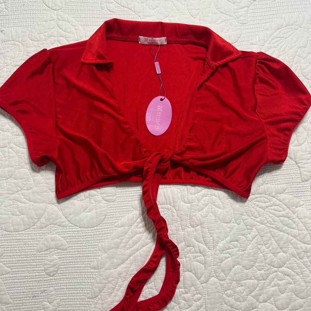Red Crop Tie Front Notched Collar Blouse